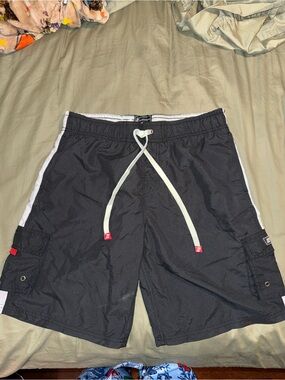 Men's Black Cargo Swim Shorts with White Drawcord
